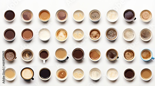 a group of cups of different types of coffee on a table. generative ai
