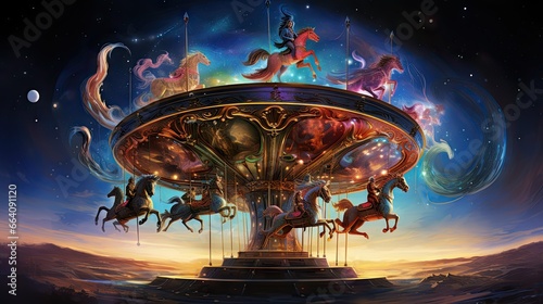  a painting of a carousel with horses on top of it.  generative ai