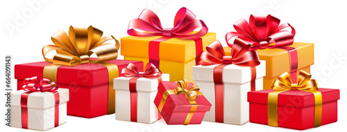 Festive illustration with bunch of colored gift boxes with ribbons and bows