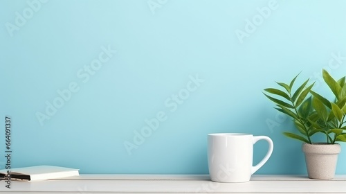 Close up view of creative workspace with blank screen computer  mug  tree pot and copy space on white table with shelf on light blue wall