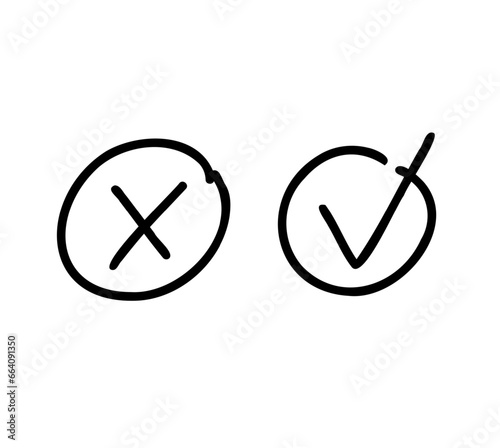 Hand drawn check and cross marks in round boxes. Vector black line icons isolated on white background.