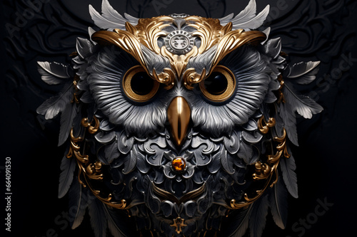 Beautiful golden owl figure isolated on black background, baroque style with intricate scrollwork photo