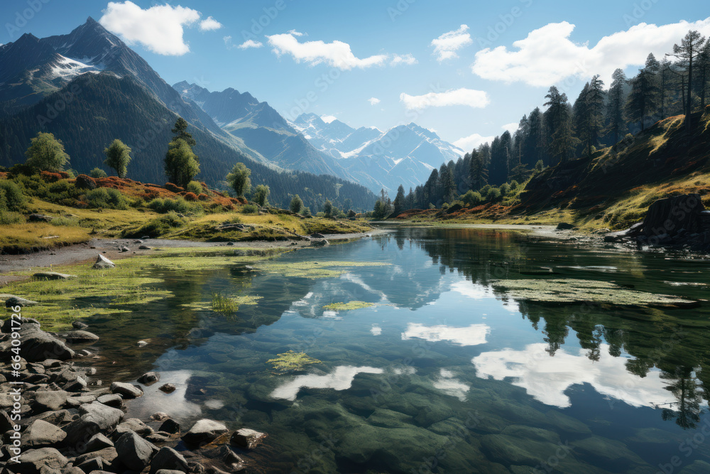 A serene lake reflecting a pristine mountain landscape. Concept of beauty and natural reflection. Generative Ai.