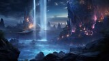  a fantasy scene with a waterfall and a waterfall in the distance.  generative ai
