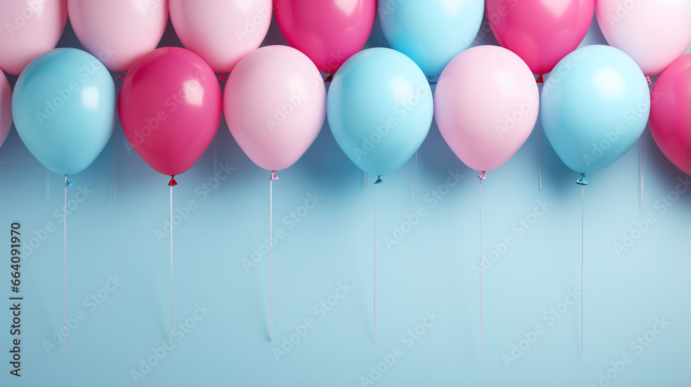 Gender reveal party, he or she, blue and pink colors, congratulations celebrate newborn baby pregnancy surprises baloons cake gifts confetti banner poster copy space background greeting card.