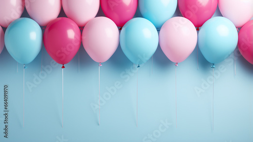 Gender reveal party, he or she, blue and pink colors, congratulations celebrate newborn baby pregnancy surprises baloons cake gifts confetti banner poster copy space background greeting card.