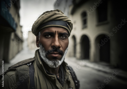 Arab soldier on the street of ancient city photo