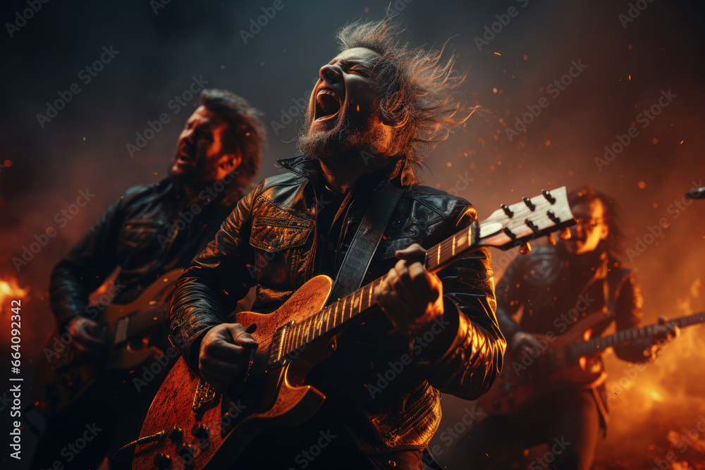 Naklejka premium A determined rock band performing with passion and energy to a cheering crowd. Concept of musical artistry and live entertainment. Generative Ai.