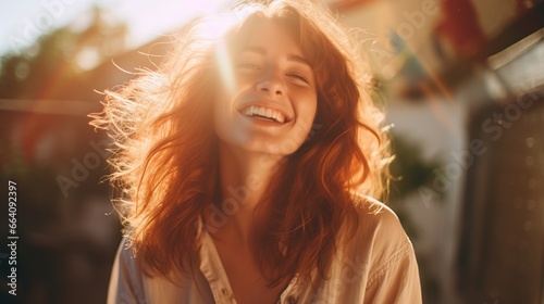 Portrait Beauty woman Smiling at sunset. AI generated image