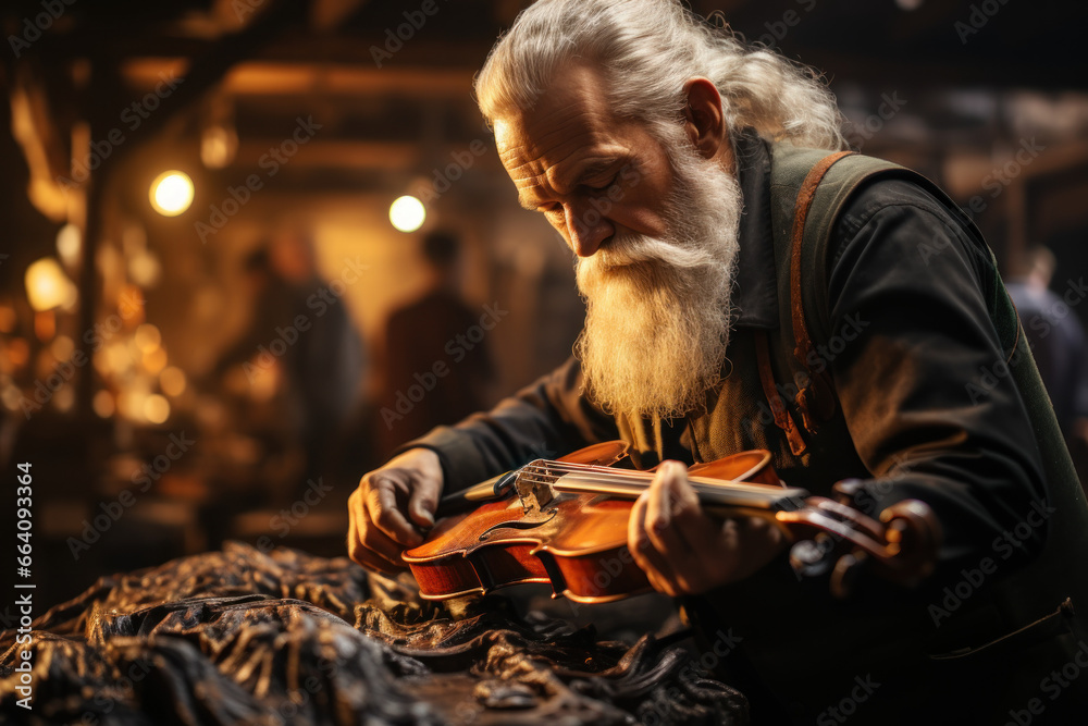 A diligent luthier crafting a world-class violin, focusing on every detail. Concept of craftsmanship and musical instruments. Generative Ai. A diligent luthier crafting a world-class violin, focusing on every detail. Concept of craftsmanship and musical instruments. Generative Ai.