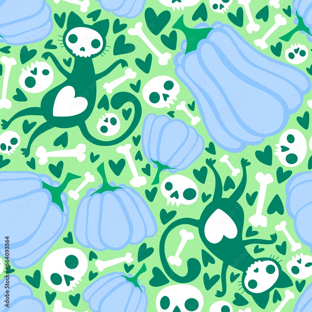 Cartoon doodle Halloween seamless cats and pumpkins and skulls and bones pattern for wrapping paper Cartoon doodle Halloween seamless cats and pumpkins and skulls and bones pattern for wrapping paper