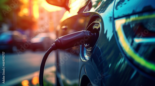 Macro photo of a charging cable to a part of a elctric car, electric car charging station