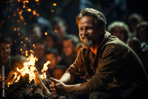A captivating storyteller mesmerizing an audience with a vivid narrative by the campfire. Concept of oral tradition and storytelling. Generative Ai.