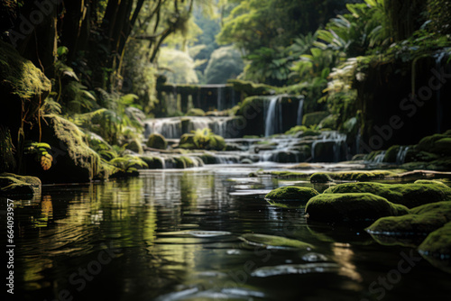 A serene waterfall surrounded by lush greenery in a pristine rainforest. Concept of natural beauty and serenity. Generative Ai.