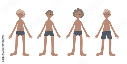 Four tanned European boys in swimsuits. Children. Kids. Diversity. Tanned skin and blond hair. Vector illustration in flat style