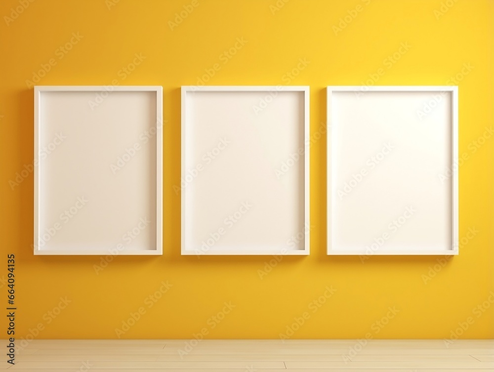 Set of blank white frames mockup displayed on a yellow wall generative ai