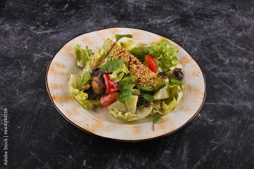Eggplant, mushroom, tomato and lettuce salad Eggplant, mushroom, tomato and lettuce salad