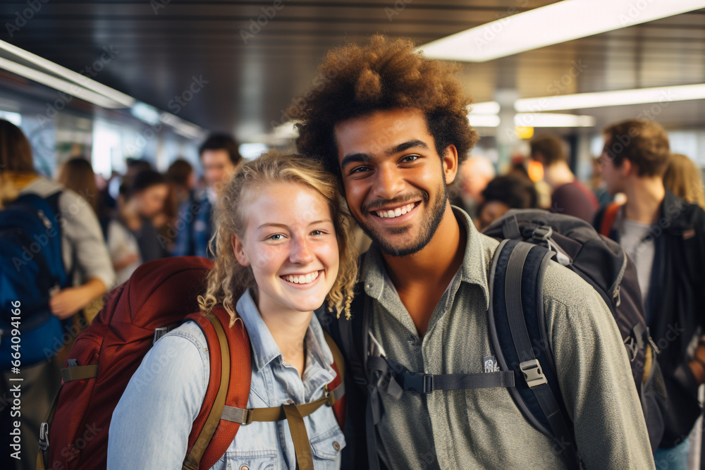 Fototapeta premium Smiling Interracial Backpacking Couple at a Train Station