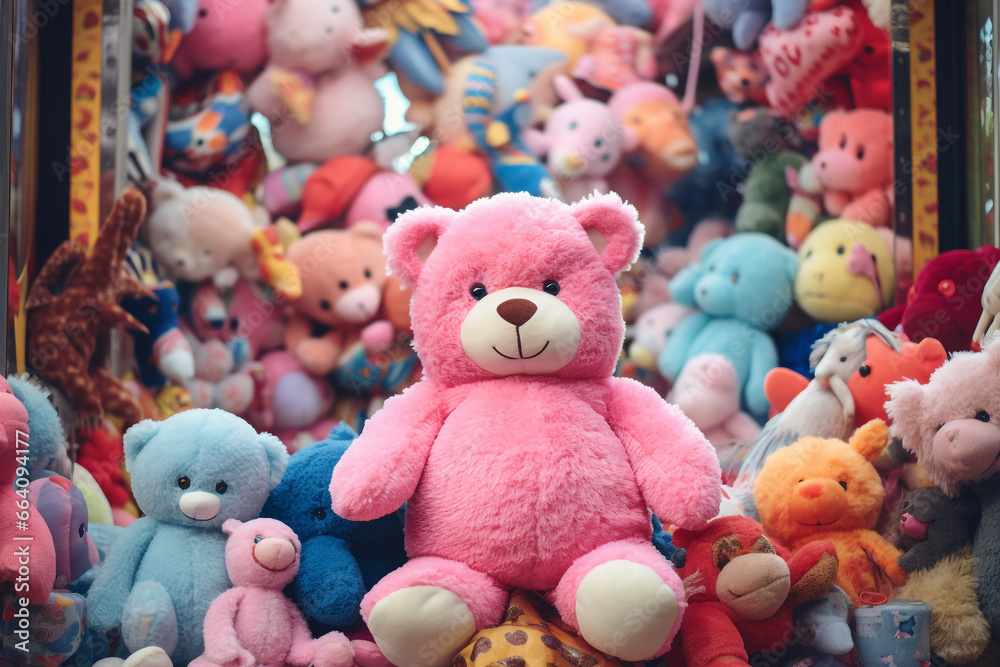Claw Machine Delight: Pink Teddy Bear and Plush Toy Collection - obrazy, fototapety, plakaty 