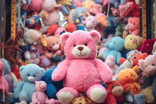 Claw Machine Delight: Pink Teddy Bear and Plush Toy Collection photo