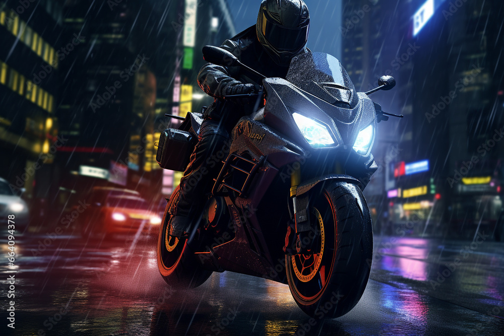 Nighttime Futuristic Biker Riding Under Neon Lights in the Rain