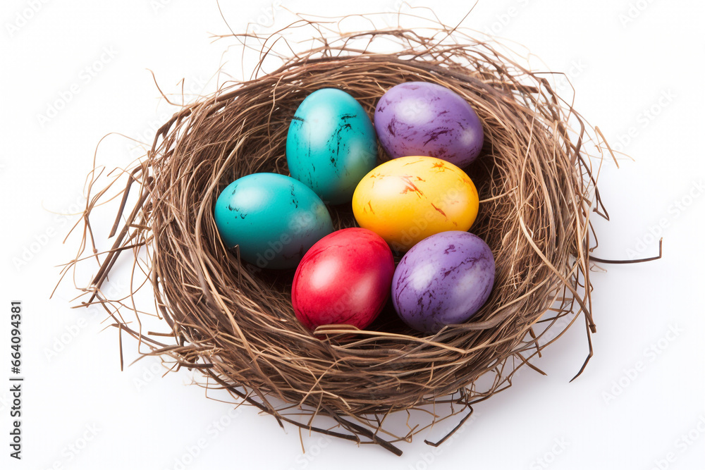 Easter Nest with Colorful Eggs on White Isolated Backdrop Easter Nest with Colorful Eggs on White Isolated Backdrop