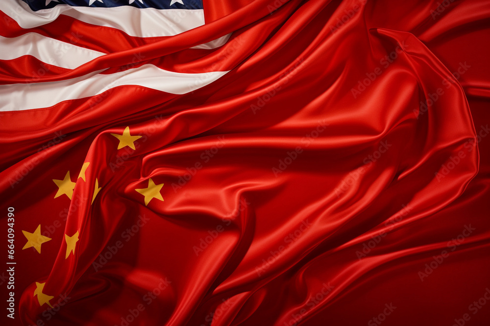 Op Down View Of Chinese And American Flags With The Chinese Flag Op Down View Of Chinese And American Flags With The Chinese Flag