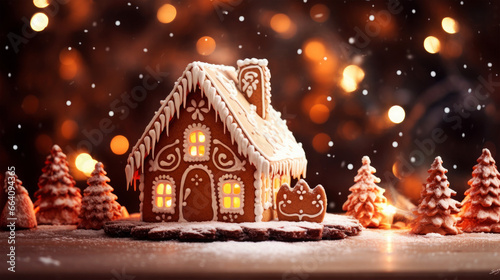 Christmas, celebration, advent, winter, holiday, macro photo of christmas gingerbread house in romantic christmas atmosphere with christmas items and golden bokeh