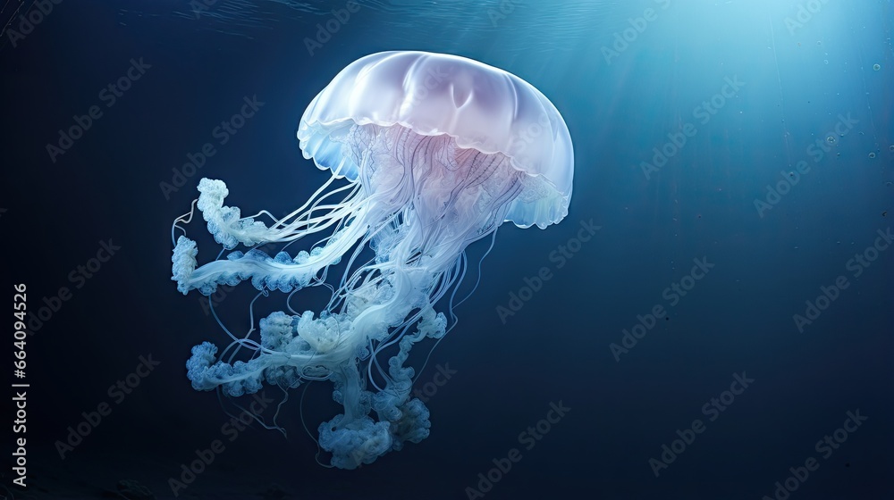  a white jellyfish swimming in the ocean with blue water.  generative ai - obrazy, fototapety, plakaty 
