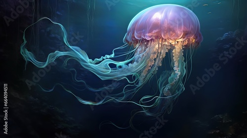  a painting of a jellyfish floating in the ocean water.  generative ai