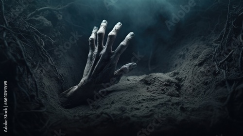 Zombie hand rises from tomb, Creepy resurrected monster crawls out of the grave. Halloween concept, horror.
