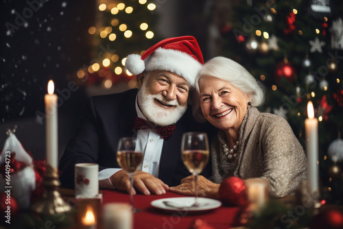  happy elderly couple, they are seniors with silver hair, sitting at the festive table