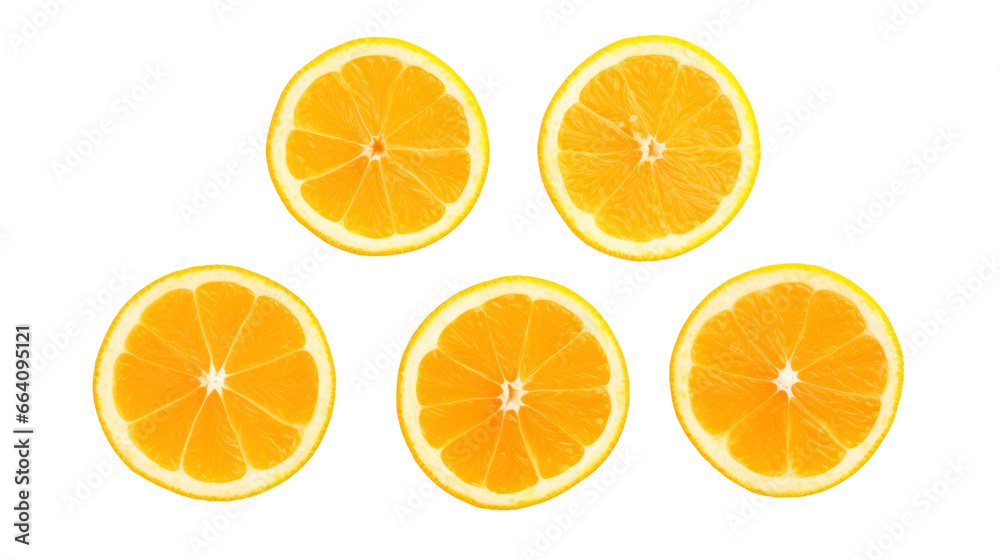 Fresh slices of fruits, of oranges on top view, on white isolated background