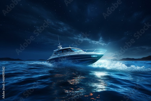 Nighttime boat drifting on ocean waters. Created using 3D rendering software. Generative AI