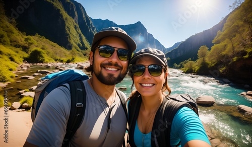 Couple taking selfie with waterfall in the background on a sunny day