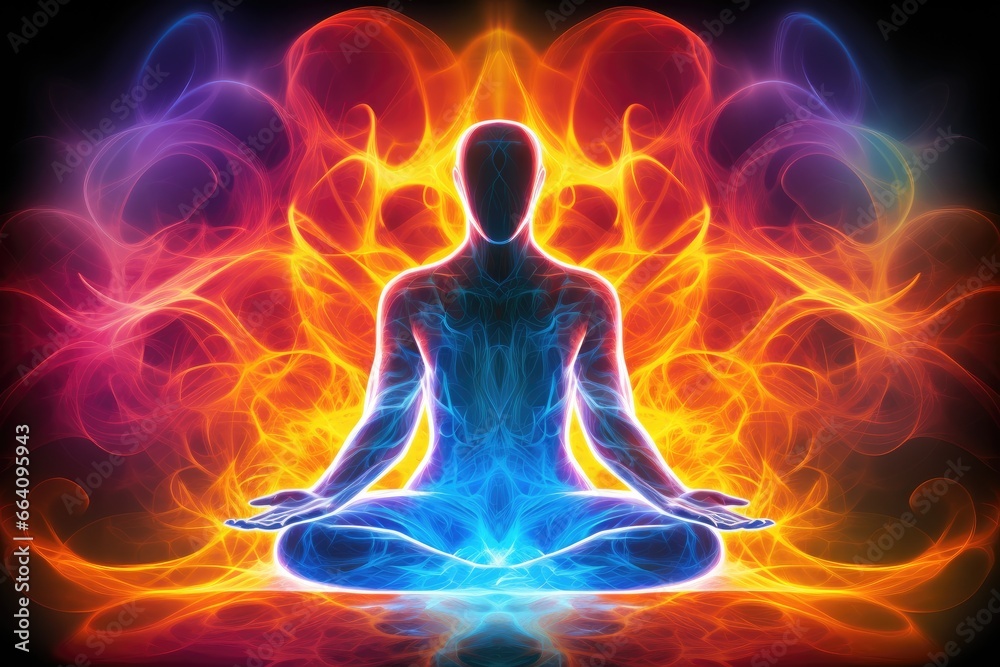 The body of a person meditating in flames, in front of dark background, bold lines, vibrant color, radiant neon patterns - AI Generated - obrazy, fototapety, plakaty 