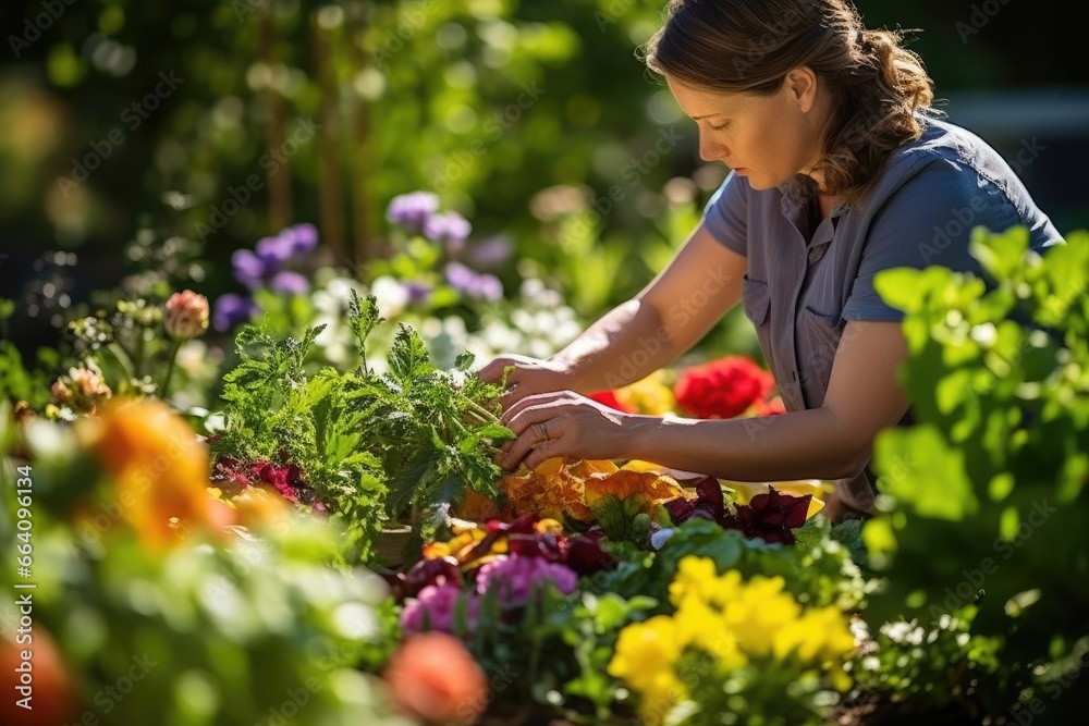 woman planting flowers in a garden, calm gardening scene, ai generated woman planting flowers in a garden, calm gardening scene, ai generated