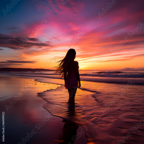 girl at the beach watching a sunset