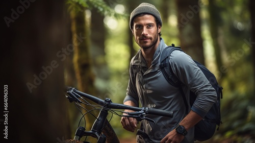 Young athletic man standing with bicycle in nature forest. AI generated image