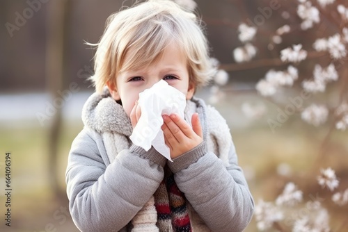 Tela child blowing their nose, young kid sneezing in handkerchief