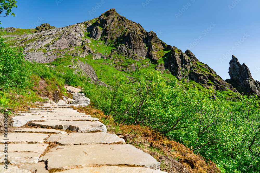 Djevelporten or Devils gate in Floya mountain hiking trail. Svolvaer trekking trail in Lofoten island, Scandinavia, Norway, activity famous places