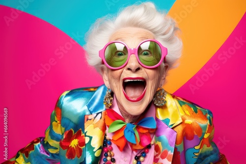 Funny old lady in colorful clothes, crazy senior woman wearing outfit in bold colors, happy face expression, ai generated