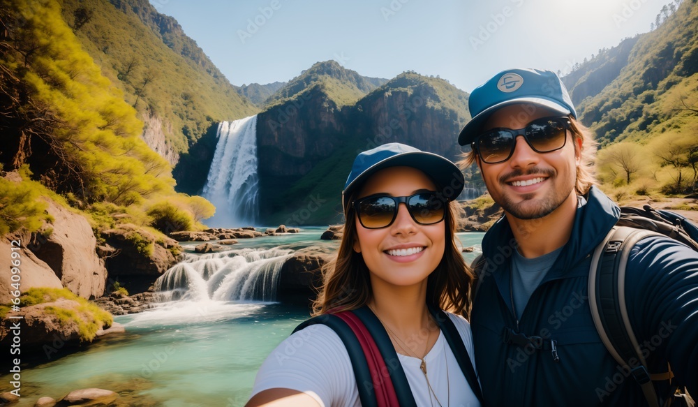 couple in the mountains. Hiking couple taking a selfie with a waterfall in the background.