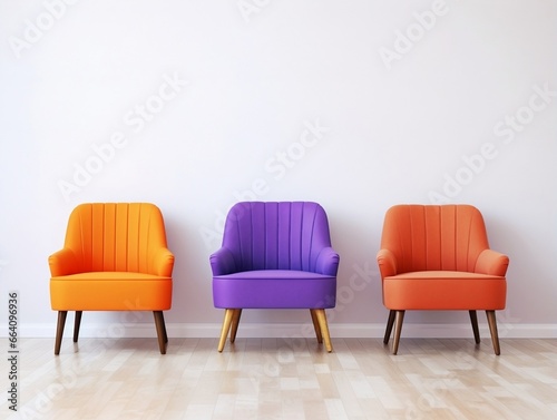 Modern colorful chairs sitting against a white wall generative ai