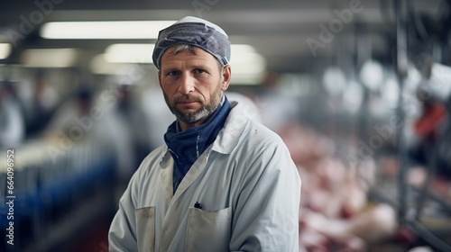 Confident Male Chicken Factory Worker in Protective Workwear Smiling at Camera