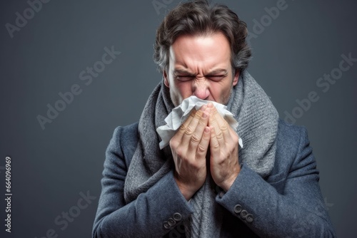 woman blowing their nose, male person sneezing in handkerchief, ai generated