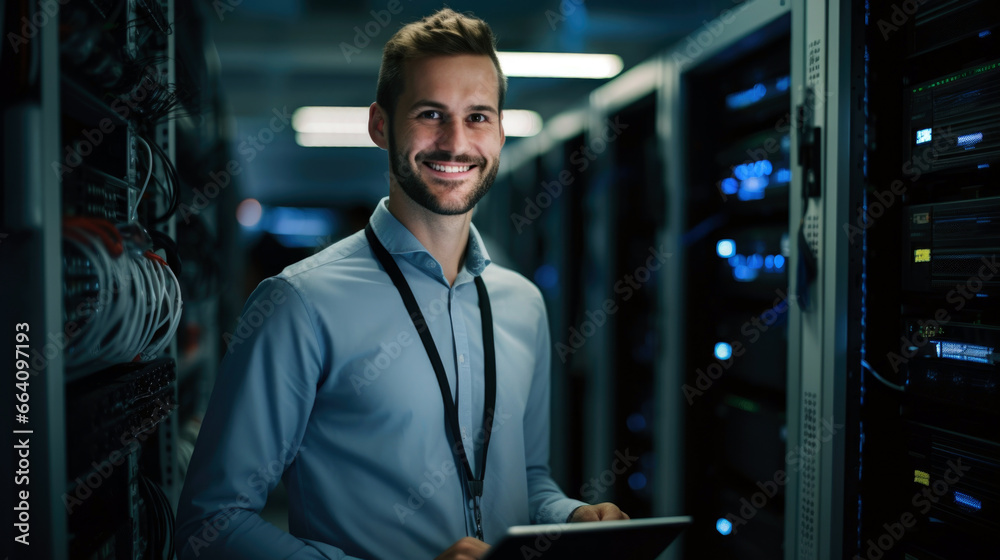 server engineer smiling in data center, Data Protection Engineering Network for Cyber Security. Business Concept - obrazy, fototapety, plakaty 