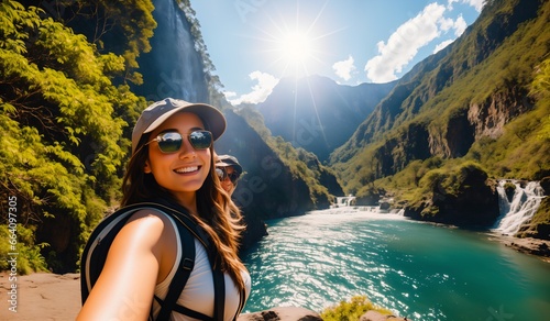 Young woman in hat and sunglasses taking selfie with beautiful view of Milford Sound, New Zealand