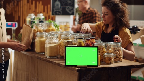 Customers shop next to chroma key tablet with copy space used as commercial sign in zero waste shop. Promotional ad on green screen device in food store with products in reusable decomposable package