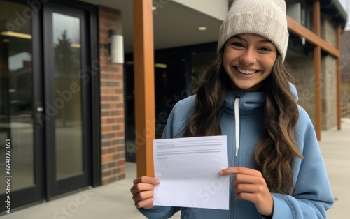 A happy teenager received an acceptance letter from a college photo